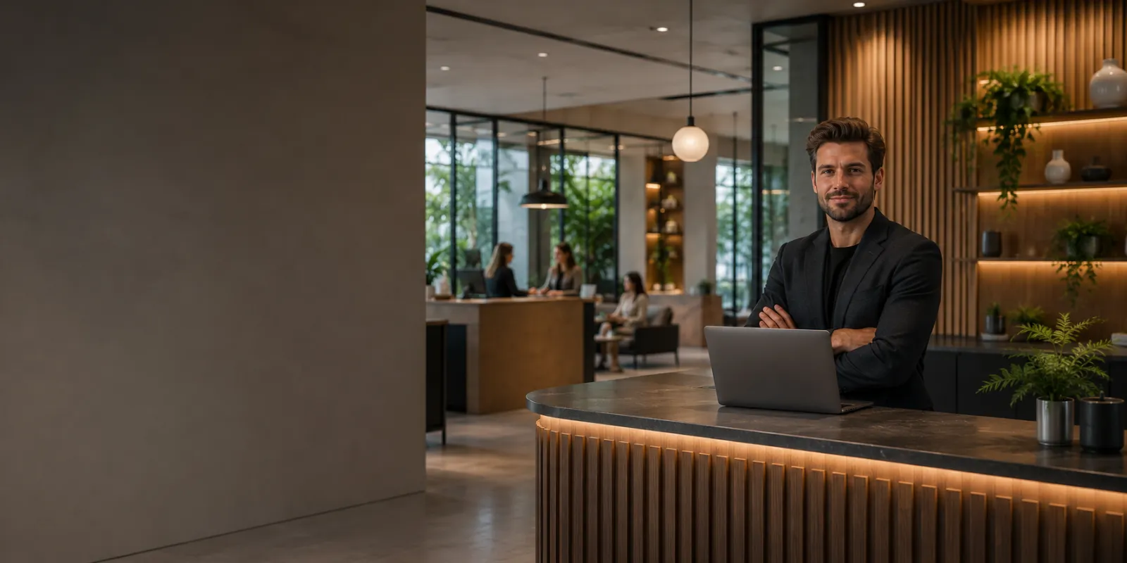 Empresário com notebook em ambiente profissional